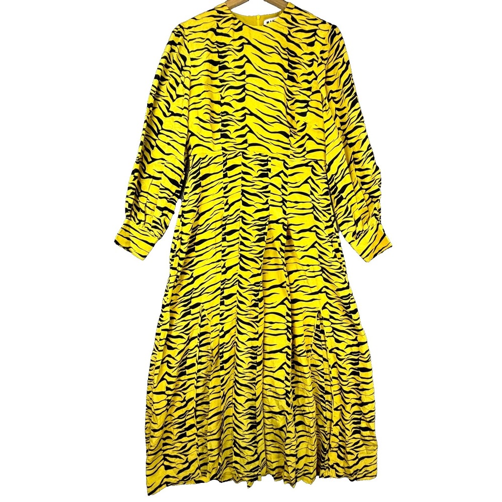 Rixo Emma Midi Dress Womens Medium Yellow Black Mob Wife Chic 100% Silk Pleated